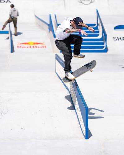 Gustavo Ribeiro in full control of this Tre Flip Noseblunt at WST Dubai 2024