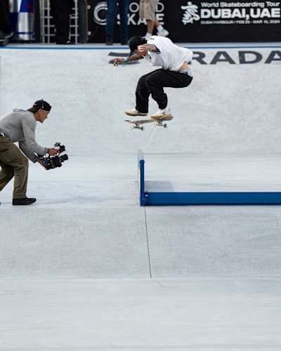 Gustavo Ribeiro prepares to stomp a Kickflip down into a Frontside Boardslide on a round flatbar- which can potentially snap a board in two!