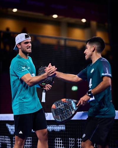 Alejandro Galan and Federico Chingotto after the win of the quarter finals of the CUPRA Premier Padel P2 in Dusseldorf, Germany on September 26, 2025. 