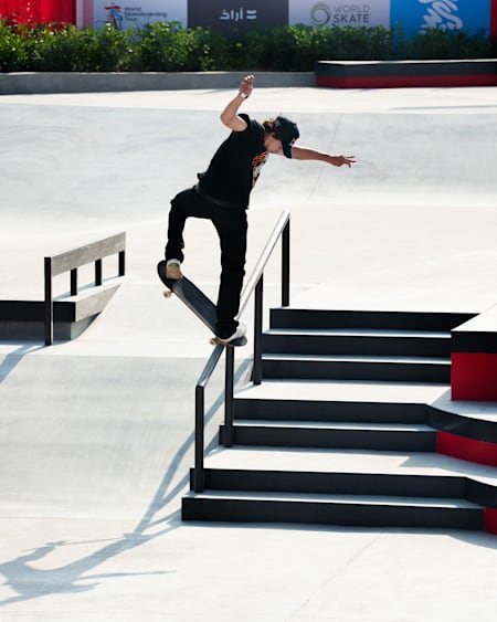 Jagger Eaton locks into a Switch Backside Nosebluntslide on a handrail at the Aljada skatepark in Sharjah, UAE