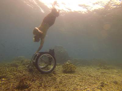 Bruno pictured after one of his buddies threw his wheelchair into the water