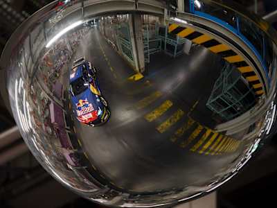 Eli Hountondji from the Red Bull Driftbrothers drives his BMW M2 Drift Competition through the BMW plant in Munich.