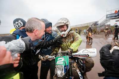 Albin Elowson celebrates winning Gotland Grand National in Gotland, Sweden on October 27, 2018.