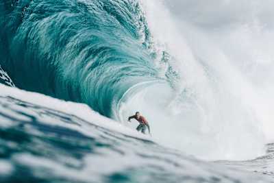 Professional surfer from Tasmania, Australia, Mikey Brennan, surfing his local slab, Shipstern Bluff.