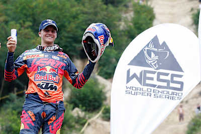 Celebrating third place at Red Bull Romaniacs 2018, the race before I had my accident. At this, the halfway point of the season, I was 185 points clear in the Championship.