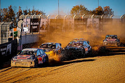 Johan Kristoffersson leads Niclas Grönholm, Kevin and Timmy Hansen in the final race of the year at the Nürburgring.