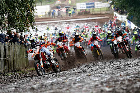 A photo of Spanish enduro ace Josep Garcia leading at a muddy 2018 Hawkstone Park Cross-Country.