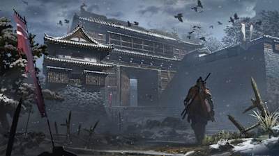 Arte conceptual con Sekiro y un templo de Sekiro: Shadows Die Twice.