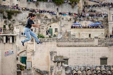 Hazal Nehir of Turkey performs during the finals at the Red Bull Art of Motion freerunning competition in Matera, Italy, on October 5, 2019.