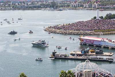 The Chicken Whisperers break the world record at the National Red Bull Flugtag at Rainbow Harbor in Long Beach, CA, USA, on September 21, 2013.