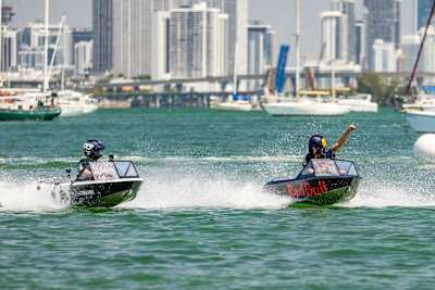 Yuki Tsunoda and Daniel Ricciardo on Miami’s Biscayne Bay