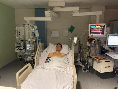 Gee Atherton in hospital at the Major Trauma Centre at the Royal Stoke University Hospital, June 2021.