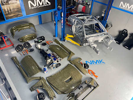 Image of the chassis components of the new Lexus RC F drift racing car of Jordanian driver Ahmad Daham.