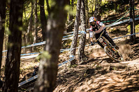 Brook Macdonald performs at the UCI Mountain Bike World Cup in Vallnord, Andorra on July 4, 2019.
