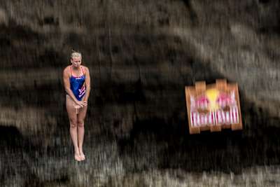 Rhiannan Iffland of Australia dives on the cliffs of Islet Franca do Campo during Red Bull Cliff Diving World Series at São Miguel, Azores, Portugal on July 7, 2017.