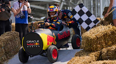 Max Verstappen pushing Sergio Perez at the start of the race during F1 Soapbox Race in Montreal, Canada on June 5, 2024.