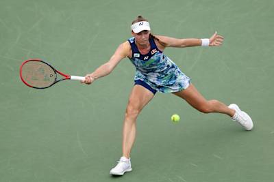 Elena Rybakina as seen returning a ball during her first round match at the 2023 US Open in New York.