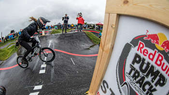 Christa Von Niederhausern crosses the finish line to take first place at the Red Bull Pump Track World Championships in Springdale, Arkansas, on October 13, 2018.