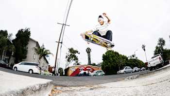 Mariah Duran blasts an ollie over a street gap during filming of Skate And Create 2020