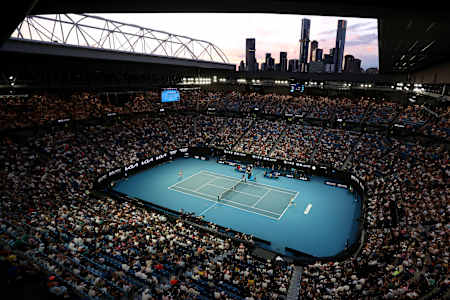 Overview of singles match between Elena Rybakina of Kazakhstan and Karolina Pliskova of the Czech Republic on Rod Laver Arena during the 2024 Australian Open at Melbourne Park on January 16, 2024. 