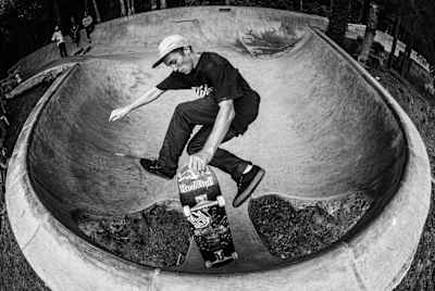 Ryder Lawson performs an airwalk fakie at Oregon skatepark near Portland, USA on August 08, 2015.