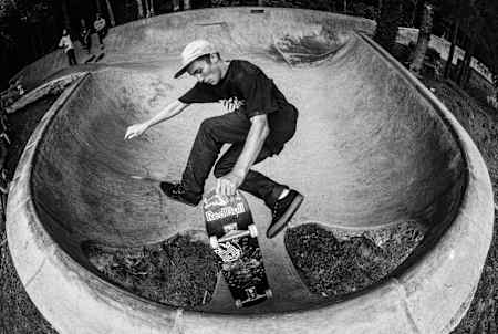 Ryder Lawson performs an airwalk fakie at Oregon skatepark near Portland, USA on August 08, 2015.