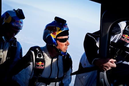 Miles Daisher and Mike Swanson, of the Red Bull Air Force Team, prepare to soar over the Hollywood sign, during LA Swoopers, in Los Angeles, CA, USA, on 20 October 2011.