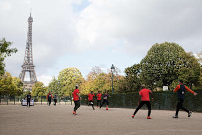 2017 Neymar Jr Five tournament winners Team Romania enjoy a game of Neymar Jr Five in front of the Eiffel Tower in Paris.