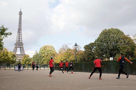 2017 Neymar Jr Five tournament winners Team Romania enjoy a game of Neymar Jr Five in front of the Eiffel Tower in Paris.