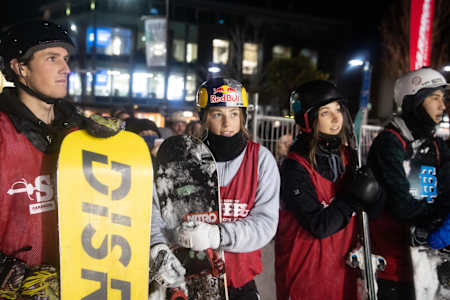 Liam Whiley, Zoi Sadowski-Synnett, Sissy Herrant and Ryusei Wakushima at the Rail Jam.