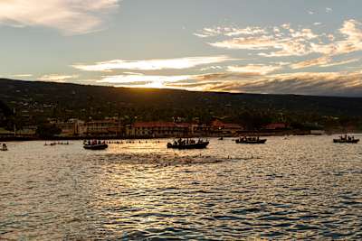 Male competitors swim at the Ironman World Championship in Kailua-Kona, Hawaii, USA on October 13, 2018.