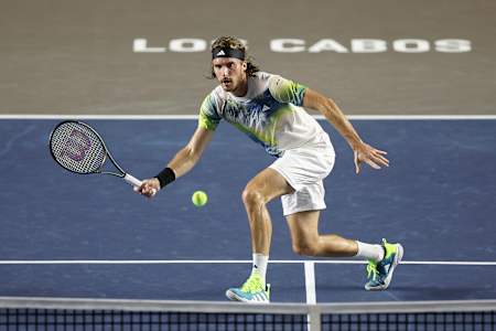 Stefanos Tsitsipas of Greece during the final of the Mifel Tennis Open by Telcel Oppo at Cabo Sports Complex on August 05, 2023 in San José del Cabo, Mexico. 