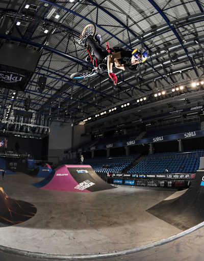 Daniel Dhers performs a flair invert at the Simple Session in Tallinn, Estonia on February 2, 2018.