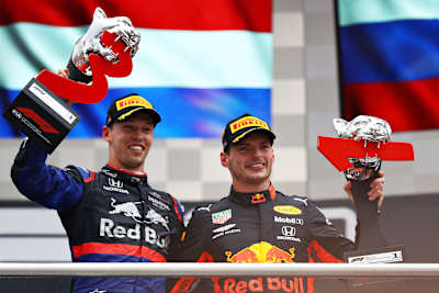 Race winner Max Verstappen of Red Bull Racing and third placed Daniil Kvyat of Scuderia Toro Rosso celebrate on the podium during the F1 Grand Prix of Germany at Hockenheimring on July 28, 2019.
