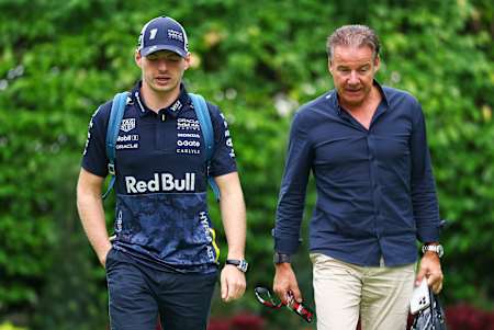 Max Verstappen and Raymond Vermeulen arrive in the Paddock prior to practice ahead of the F1 Grand Prix of Singapore at Marina Bay Street Circuit on October 03, 2025 in Singapore. 