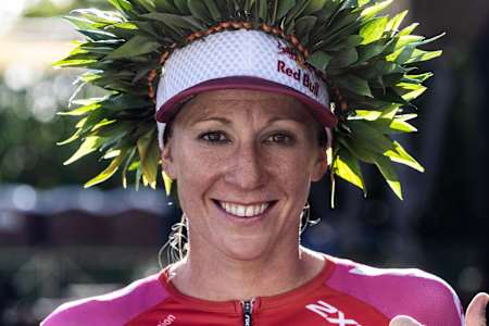 Daniela Ryf with headgear to celebrate the IRONMAN Hawaii 2018.
