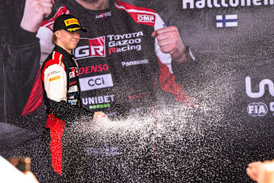 Kalle Rovanperä (FIN) Jonne Halttunen (FIN) Of team Toyota Gazoo Racing WRT celebrate 2023 FIA World Rally Championship title during the Central European Rally in Passau, Germany, on  29.10.2023 