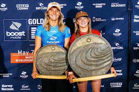 Caity Simmers and Molly Picklum with their Gold Coast pro trophies.