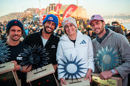 Champions Nic von Rupp, Lucas Chianca, Justine Dupont, Clement Roseyro in the podium at the 2025 Nazaré Big Wave Challenge