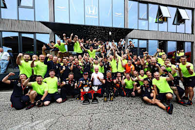 Race winner Max Verstappen of Red Bull Racing and the Red Bull Racing team celebrate after the F1 Grand Prix of Germany at Hockenheimring on July 28, 2019 in Hockenheim.