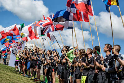 Competitors perform a Parade of Nations for the participating countries at the opening ceremony at Hochfirstschanze during the Red Bull 400 World Championship at Titisee-Neustadt, on July 15th 2017.