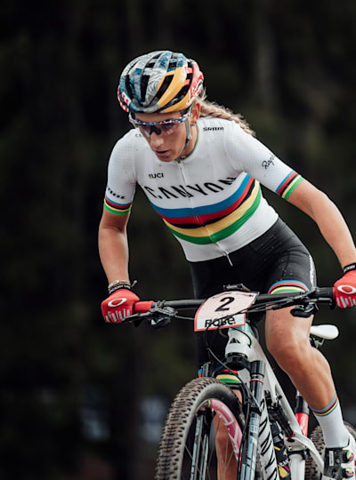 Pauline Ferrand-Prévot and Evie Richards perform during UCI XCO in Nove Mesto na Morave, Czech Republic on October 4, 2020.