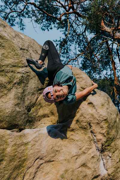 Climber Oriane Bertone seen in Forêt de Fontainebleau, France on March 9, 2022.