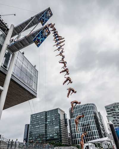 Eleanor Smart of the USA dives during the first competition day of the second stop of the 2024 Red Bull Cliff Diving World Series in Boston, USA on June 6, 2024.
