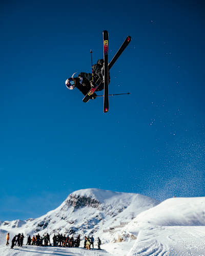 Eileen Gu skiing at the half pipe in Kitzsteinhorn, Austria on November 23, 2023.