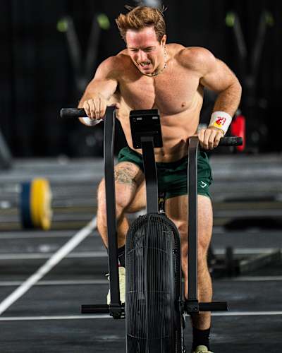 Functional Fitness pro Noah Ohlsen takes on the air bike challenge during World Fitness Project