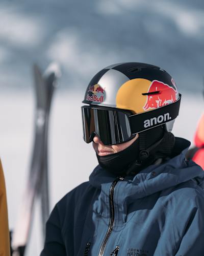 On March 24, 2026, Manon Loschi gears up in a Red Bull helmet during the thrilling Natural Selection Ski - Comp Day in the Chugach backcountry zone near Girdwood, Alaska