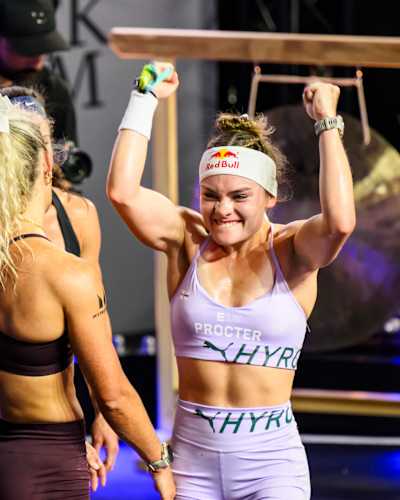 Lucy Procter and Sinead Bent celebrate second place in the Elite Doubles race at the HYROX World Championship in Stockholm, Sweden in June 2026.