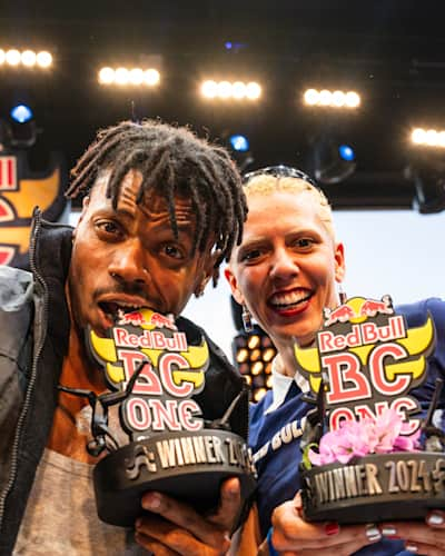 In 2024, B-Boy Kley and B-Girl Maia joyfully celebrate their Red Bull BC One Cypher wins in Sao Paulo, Brazil