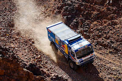 Andrey Karginov, Andrey Mokeev and Igor Leonov in the Kamaz of the KAMAZ Master Team navigating in the rocks during stage 2 of the Dakar Rally on January 6, 2020.